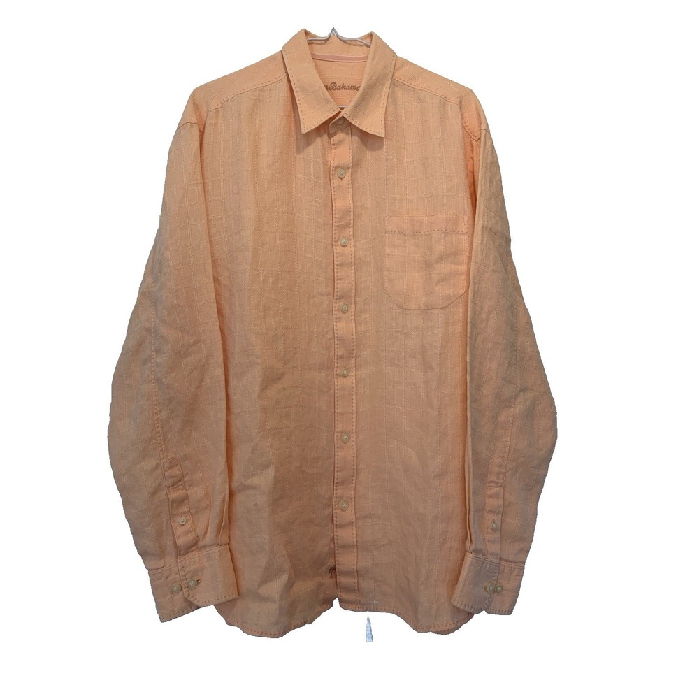 Tommy Bahama 100% Linen Shirt Men L Peach Long Sleeve Decorative Top Stitching